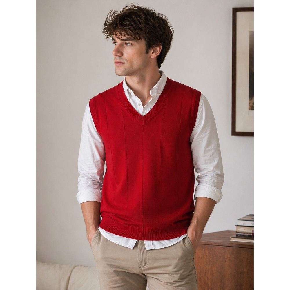 Cotton Traders Mens Red V-Neck Sweater Vest 100% Cotton Size M‎ Preppy